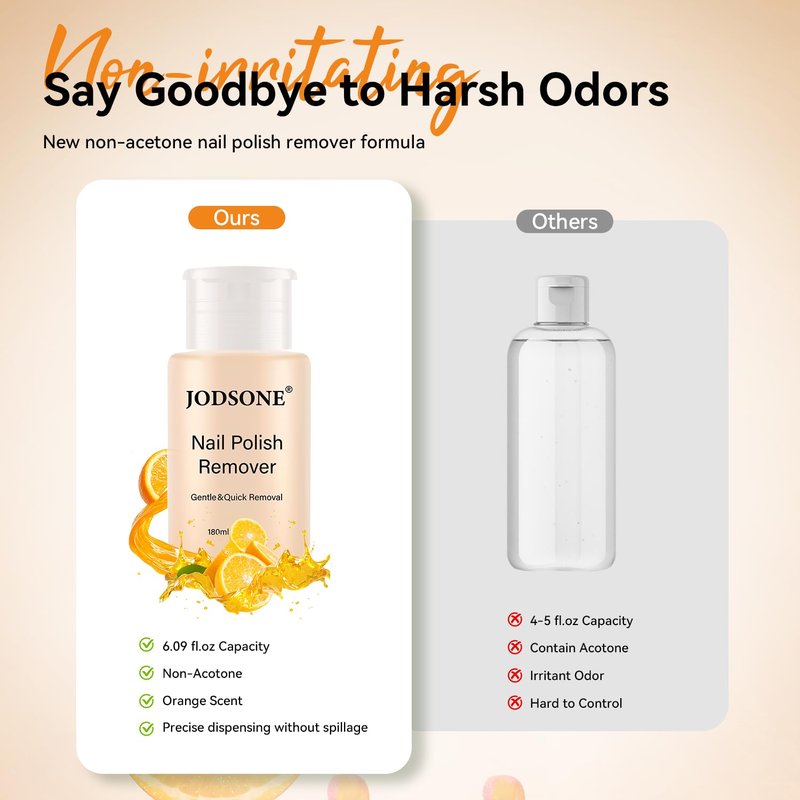 JODSONE Non-Acetone Nail Polish Remover - Gentle Formula with Vitamin E & Aloe | 6.09 Fl. Oz, Orange Scent