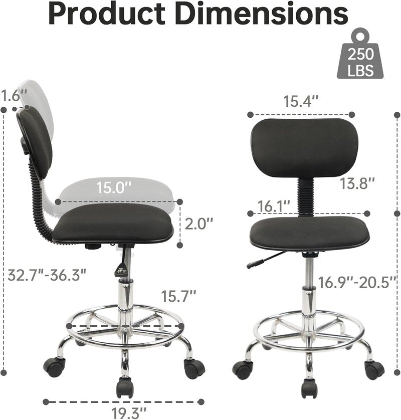 KLASIKA Low Wide Rolling Swivel Stool with Backrest, Adjustable Height Salon Chair Stools with Footrest for Spa Tattoo Office Desk Massage Task Lash Barber Facial, Black 1PK