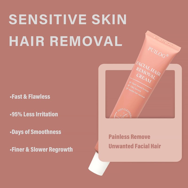 Facial Hair Removal Cream for Women - Painless Gentle Depilatory Cream for Upper Lip Chin & Face with Spatula, 4-Minute At-Home Sensitive Skin Hair Remover, 1.69 Fl Oz
