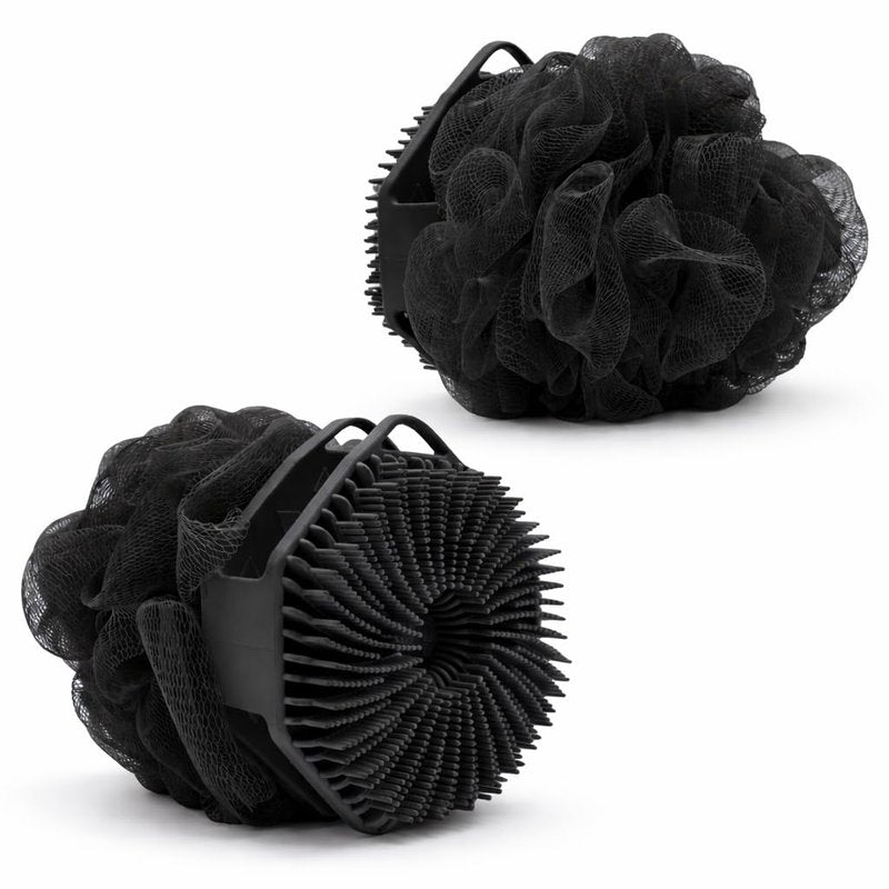 2-in-1 Silicone Body Scrubber & Mesh Loofah Sponge – Exfoliating Silicone Shower Scrubber with Soft Loofa Puff, Bristles, Non-Slip Grip, Quick Dry, Hygienic Body Scrubber for Women & Men