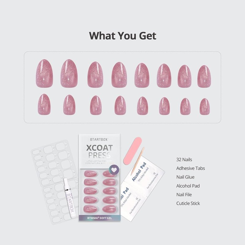 BTArtbox Press On Nails - Lamp-Curable Pink Cat Eye Almond Design | 32 Stick-On Nails Kit in 16 Sizes