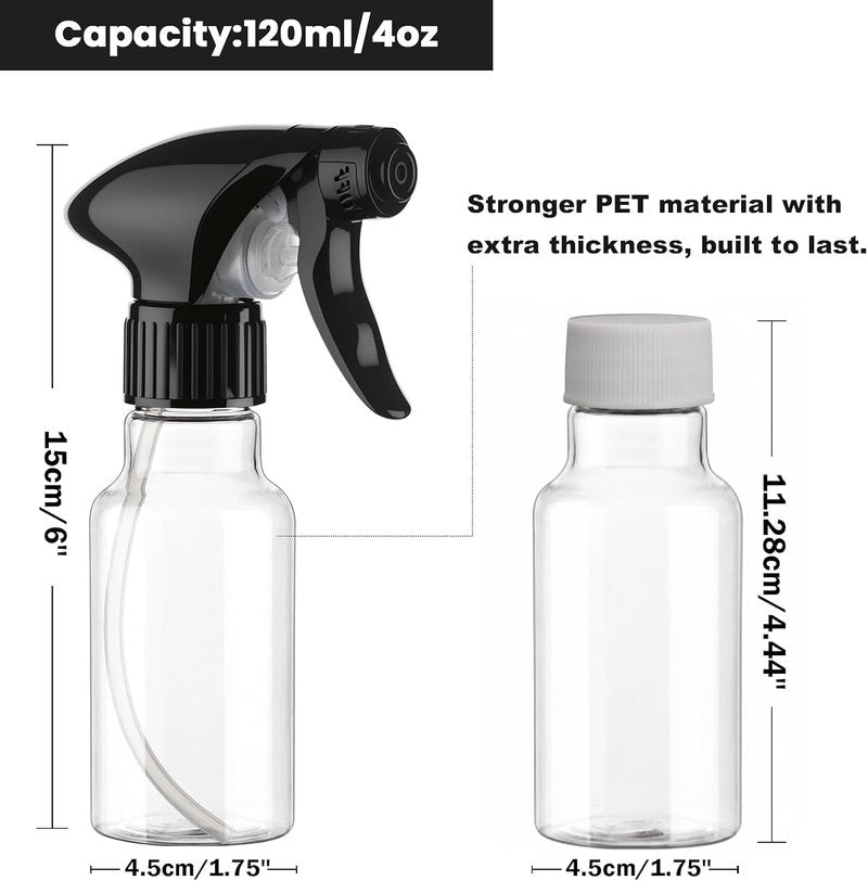 4oz Plastic Spray Bottles - Heavy Duty Hair Mist & Cleaning Solutions | 2 Pack (Clear)