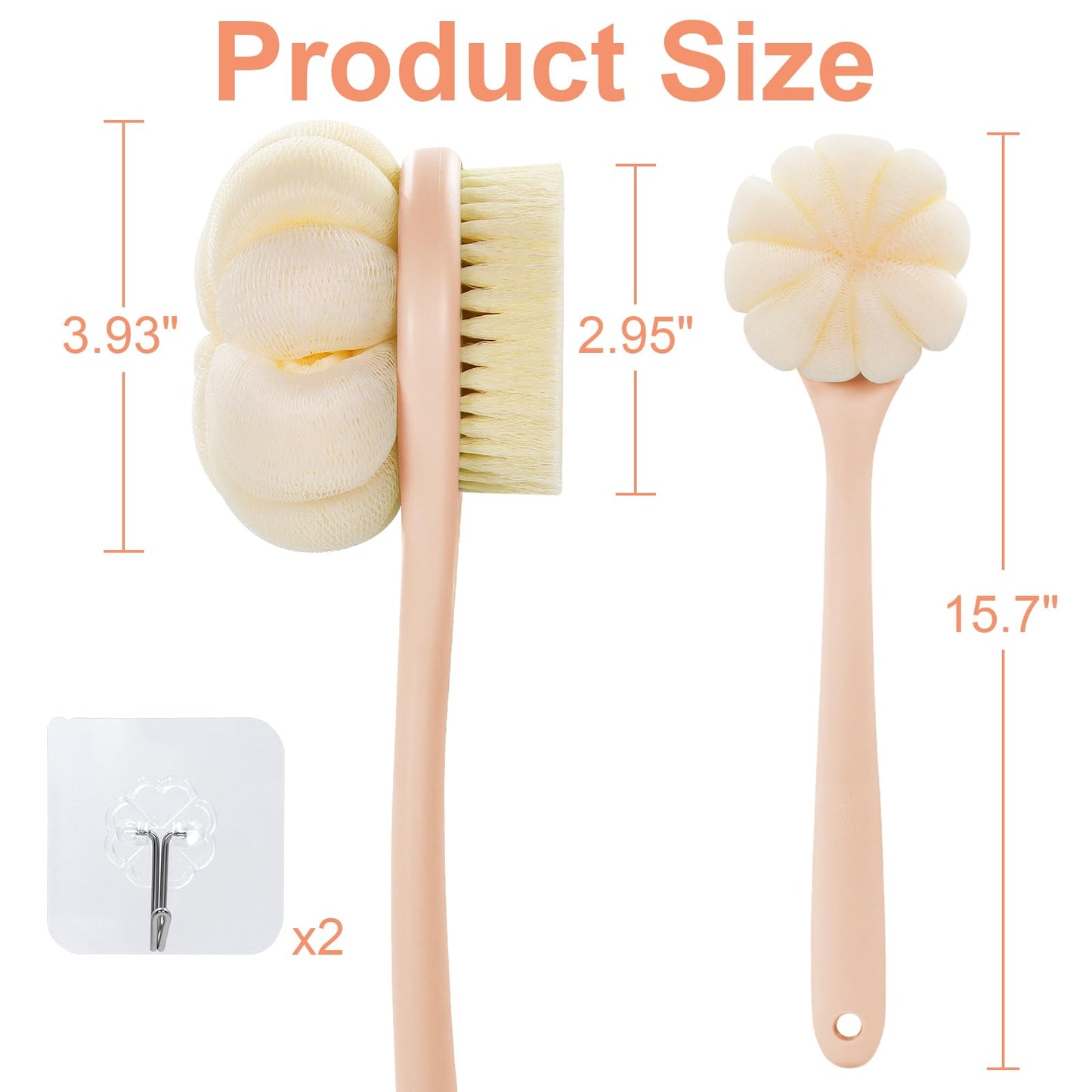 Back Scrubber for Shower with Long Handle, Double-Sided Shower Brush for Body, Loofah Back Scrubber & Bristle Bath Brush, Back Brush for Shower Exfoliating Hard-to-Reach Areas, Bath Brush Long Handle