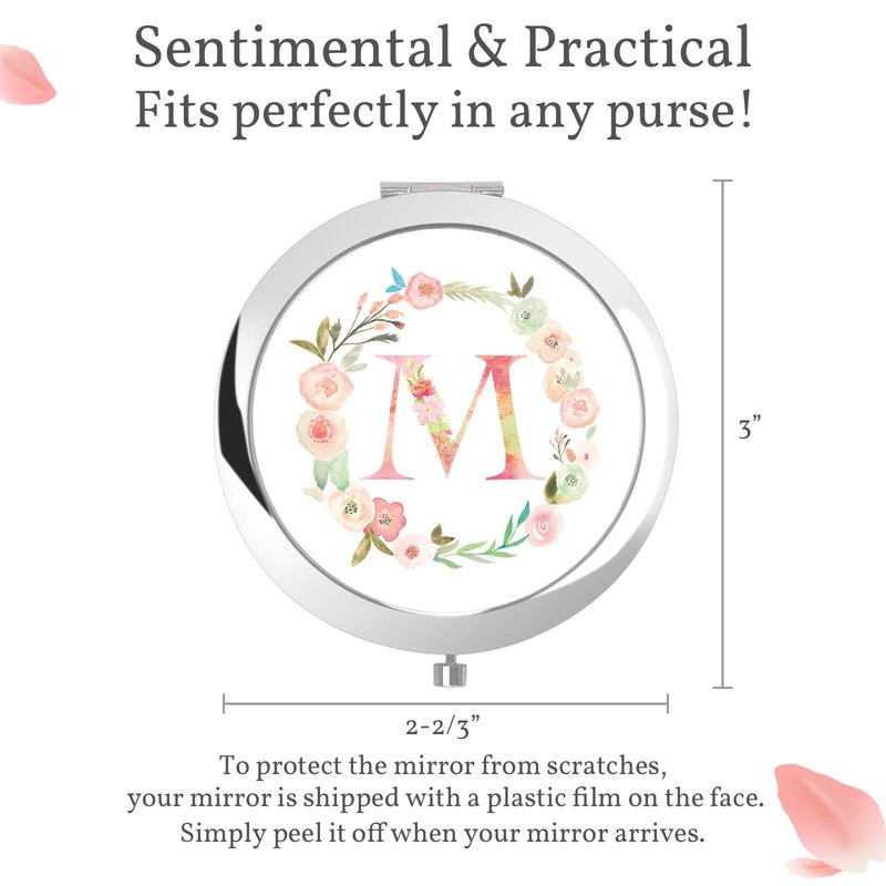 boutikpro Personalized Gift Initial Compact Mirror w Box for Women Sister Daughter Mom Wife, Floral Monogram Alphabet Silver Small Mirror Ideal Gift on Birthday, Christmas, Graduation (M, Silver)