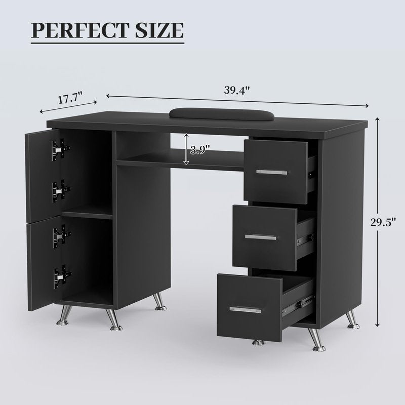 Charmmade Black Nail Desk for Nail Tech with Drawers, Acetone Resistant Manicure Table Nail Tech Desk Storage Cabinet, Open Drawer, Wrist Pad, Metal Legs, for Beauty, Salon, Spa Makeup