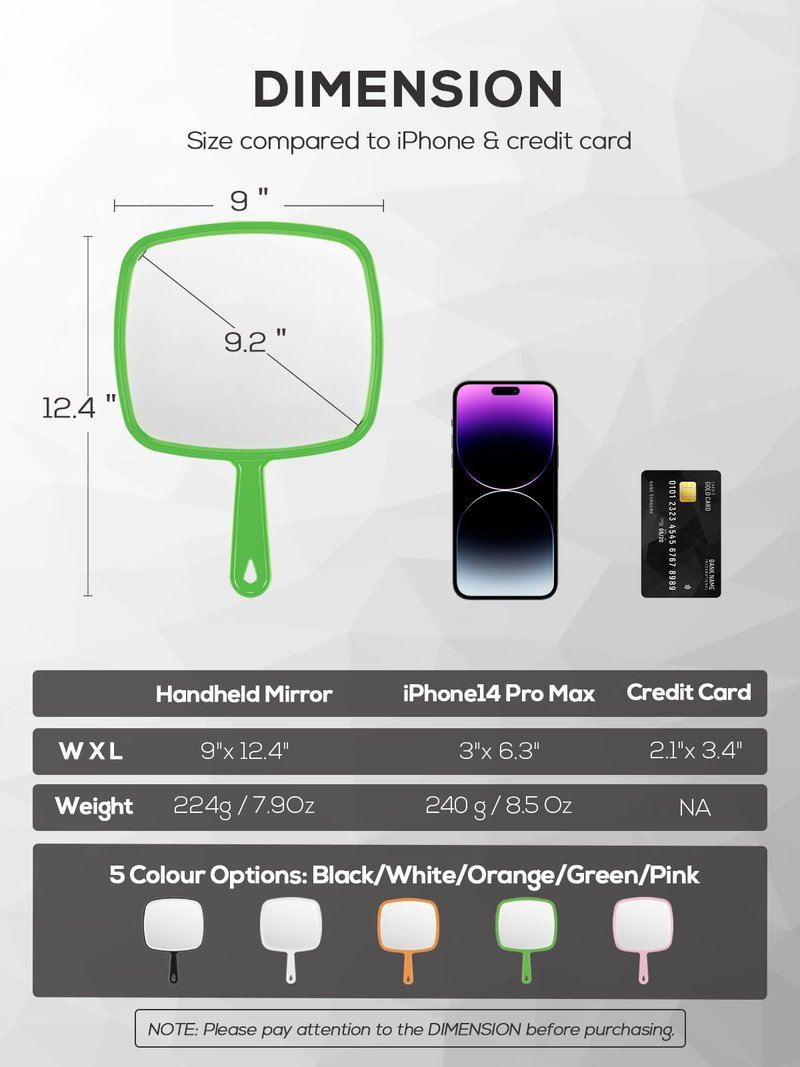 BEFUI Extra Large Handheld Mirror，Hand Salon Mirror with Handle for Barbers, Hairdressing (Green，12.4" Lx 9" W)