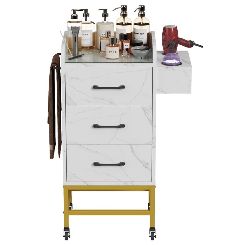 Kikihuose Salon Storage Trolley Cart, Rolling Barber Station w/Toughened Glass Top, Drawers, Hair Dryer Holders, Towel Rack, Locable Wheels for Hair Stylist, Salon Storage Equipment, White Marble