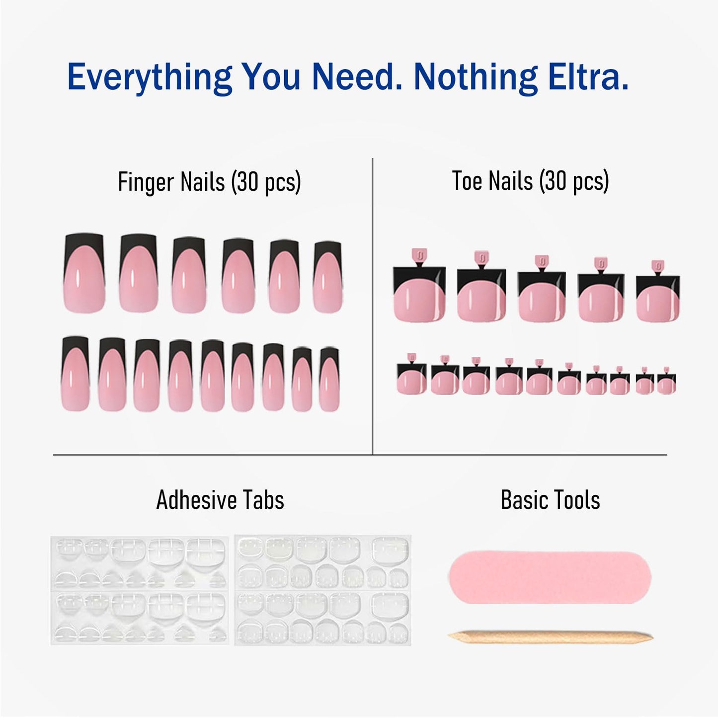 YeeLam 60Pcs 2-in-1 Press on Nails and Toenails – Glossy Black French Tip with Pink Base, 15 Sizes Square Soft Gel Fake Nails, Beginner Friendly Travel Set