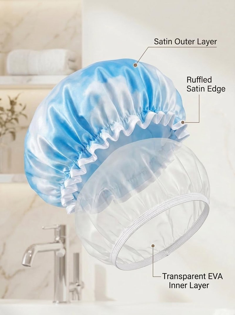 Aquior Shower Caps, Reusable Shower Cap for Women, Double Layer Waterproof Hair Cap, Large Size for All Hair Lengths,for Girls Spa Home Salon Use (Blue Cloud)