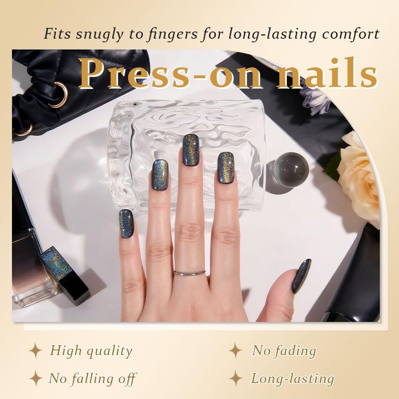 Black Chrome Metallic Cat Eye Press-On Nails | Medium Square, No Glue, Iridescent Glitter for Women