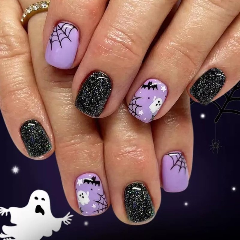 Skiennix Halloween Press-On Nails - Short Square & Almond Styles with Pumpkin, Ghost & Spider Web Designs | 144 Pcs in 12 Sizes
