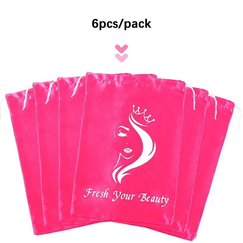 Satin Pouches with Drawstring - Soft Silk Satin Storage and Travel Bags for Bundles, Wigs, Hair Extensions, Tools, Business Gifts (6 PCS Pink)