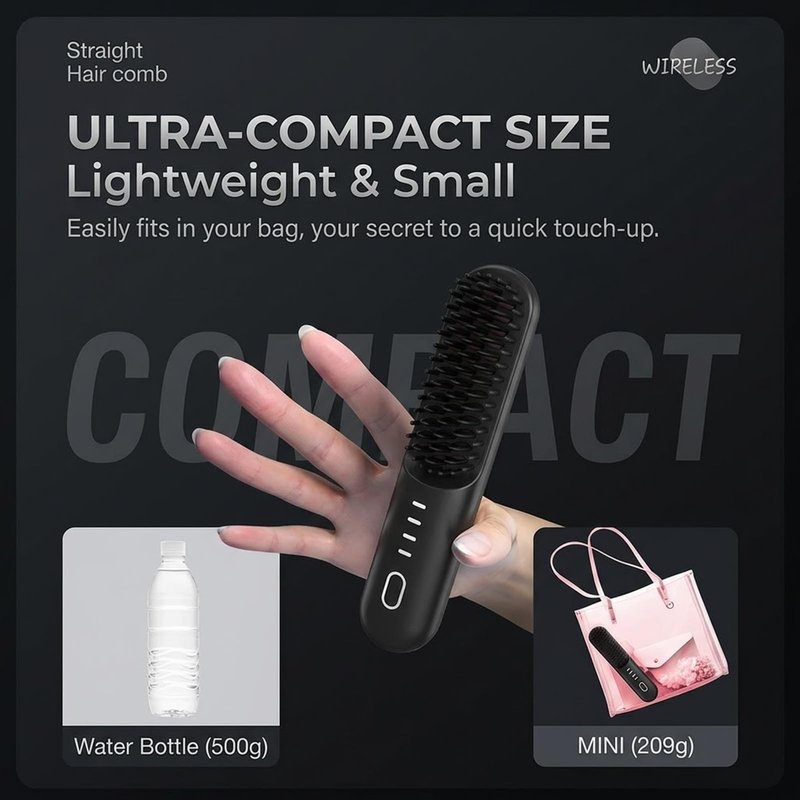 Flown Go Brush Pro Cordless Straightening Brush, Fast Heating, 3 Temp Settings with 300m Negative Ions for Frizz-Free Styling，Portable Travel Styling Tool，USB-C Rechargeable