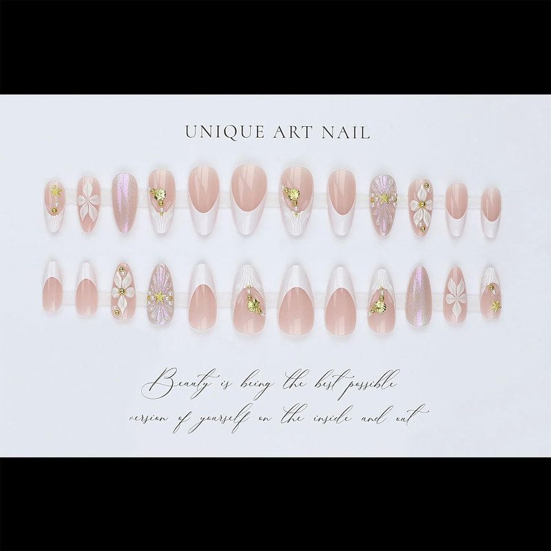 Skiennix 24pcs White French Tip Press-On Nails - Medium Almond Shape with 3D Floral Gold Pearl Designs