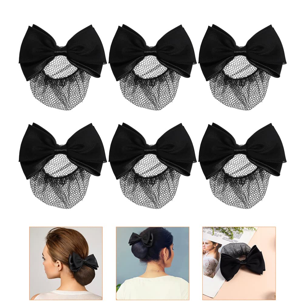 Uonlytech Hair Pin, 6pcs Bowknot Hair Snood Net Barrettes, Ribbon Barrette With Net Chignon Hair Bun Cover Mesh Clip Hair Tie for Women Girls Dancer, Black