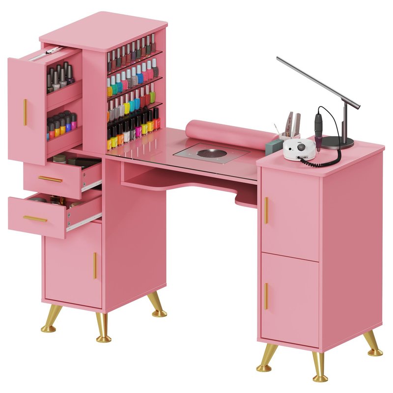 Kikihouse Manicure Table Nail Desk with Glass Top & Wrist Rest, Nail Station with Dust Collector & 4 Dust Bags, Beauty Salon Workstation with Storage Drawers & Cabinet (Pink)