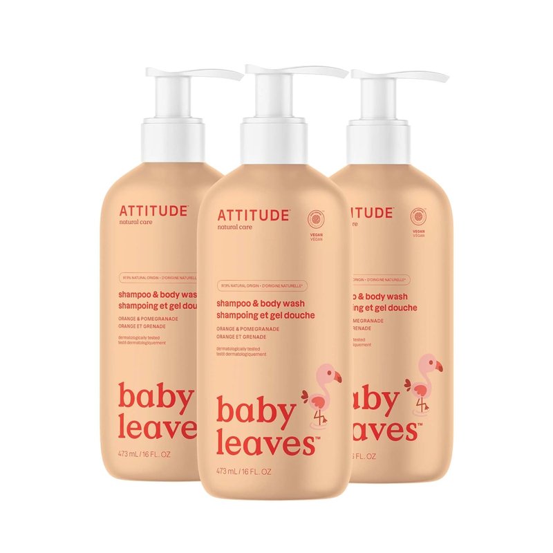 ATTITUDE Baby 2-in-1 Shampoo & Body Wash - EWG Verified, Vegan, Orange & Pomegranate | 16 Fl Oz (Pack of 3)