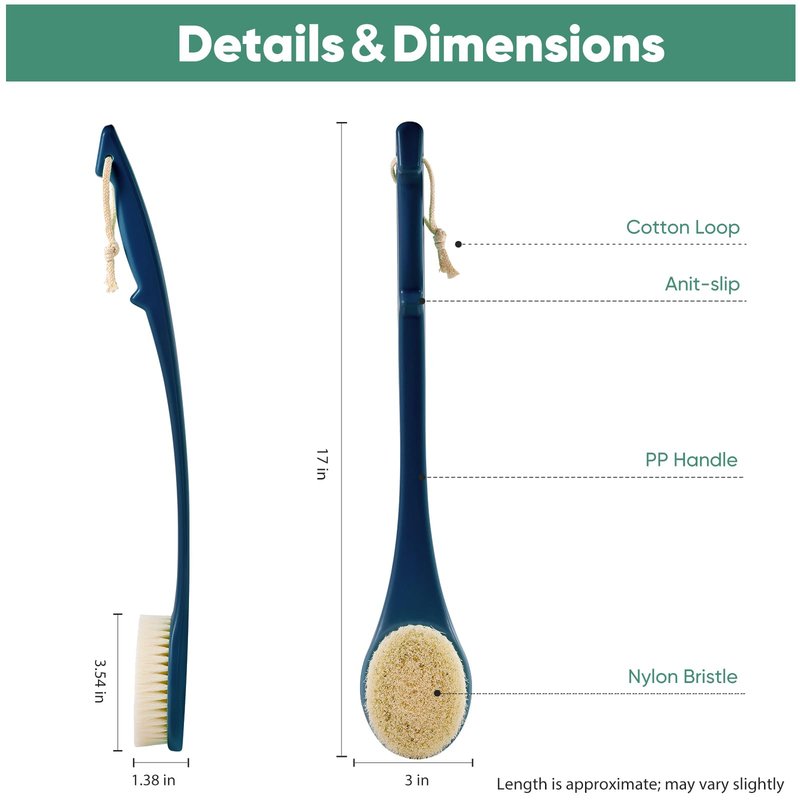 Back Scrubber for Shower, 17-Inch Shower Brush for Men and Women, Long Handle Exfoliating Body Brush, Medium Bristle Stiffness for Dry or Wet Brushing (Navy Blue)