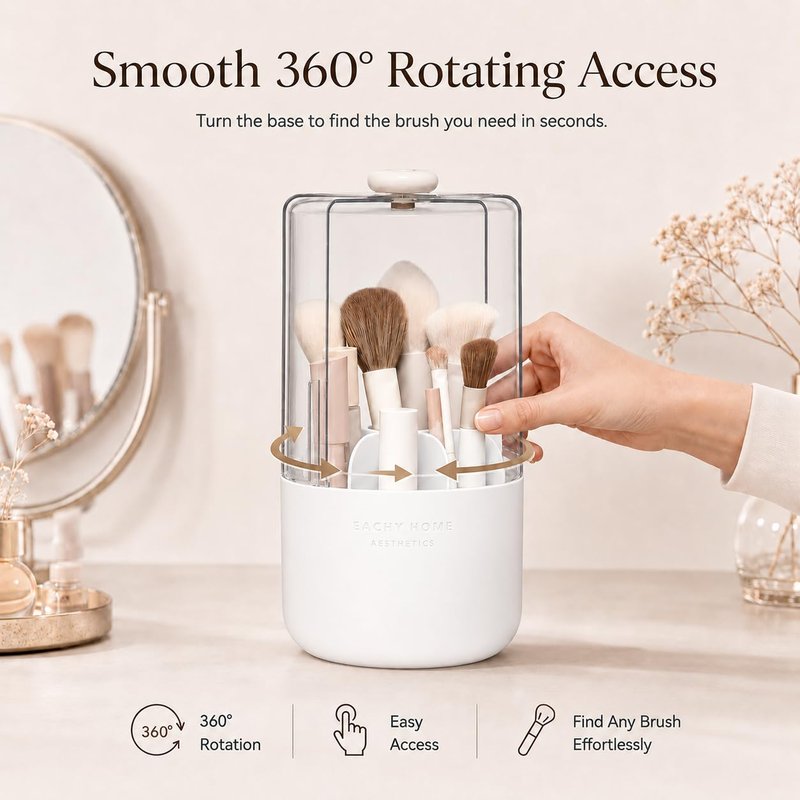 EACHY Makeup Brush Holder with Lid, 360° Rotating Vanity Organizer for Brushes, Dustproof Cosmetic Display Case, 7 Compartments, Waterproof Plastic (White)