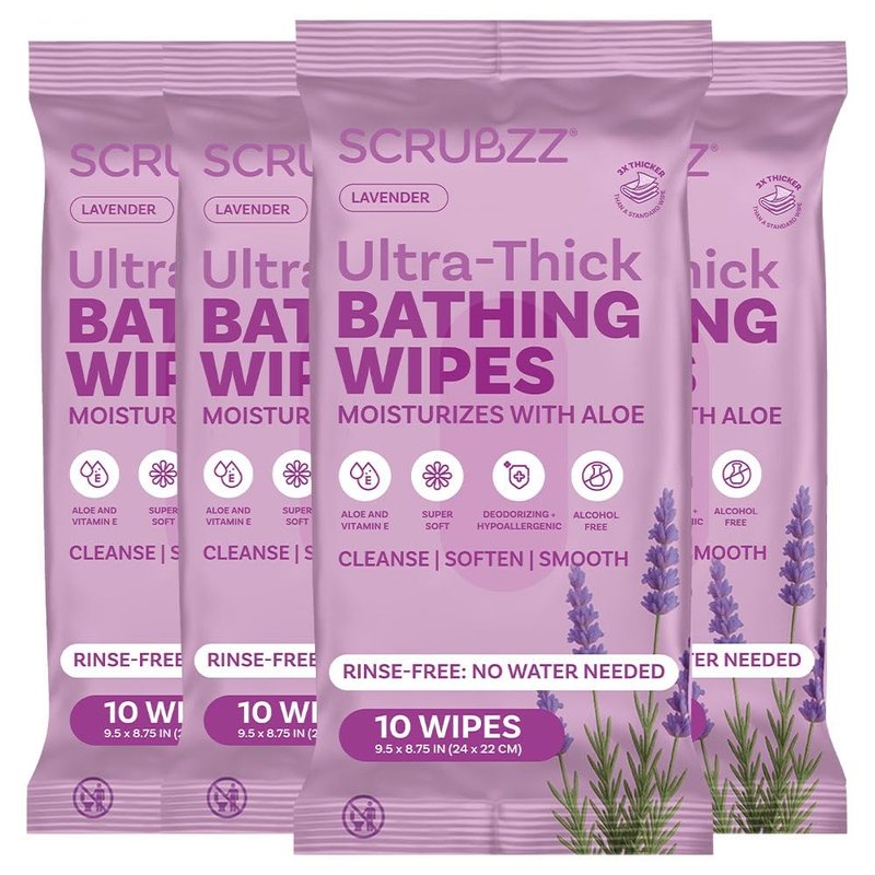 Extra Large Bath Wipes for Adults Bathing No Rinse - 40 Ultra Thick Disposable Body Cleansing Wipes for Men, Women & Elderly - Great for Gym, Camping, Post Surgery - Lavender
