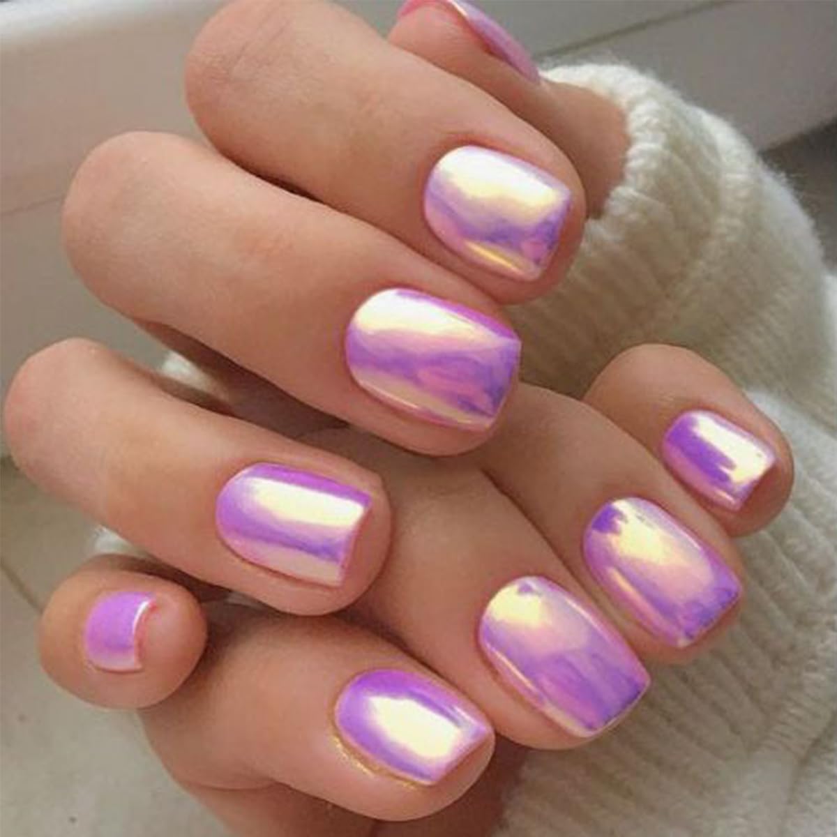 Square Press On N Nails Chrome Fake Nails Short False Nails With Aurora Design Full Cover Glossy Acrylic Stick On Nail Artificial Reusable Glue On Nail For Women 24pcs