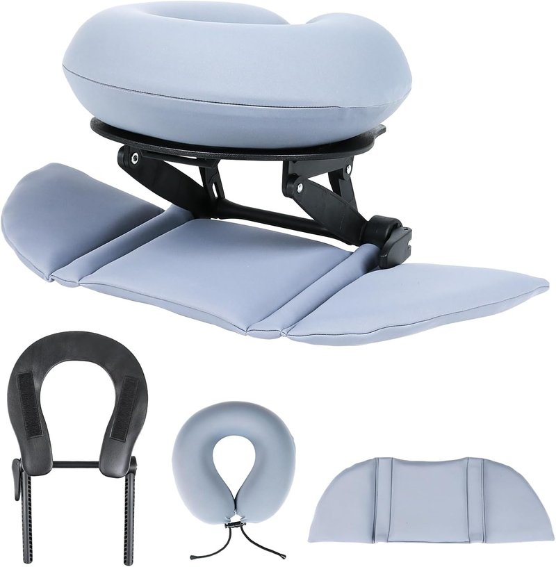 Cool Memory Foam Pillow - Adjustable Ergonomic Neck Support for Office & Travel | Slate Blue with Black Stand