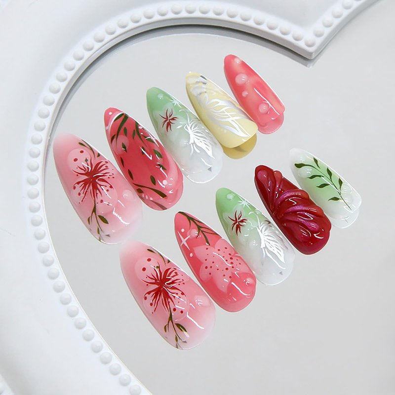 24Pcs Pink Flower Press on Nails Medium Almond Fake Nails 3D Floral Leaf with Silver Butterfly Designs Spring Summer False Nails Cute Colorful Full Cover Glue on Nails for Women Acrylic Manicure DIY