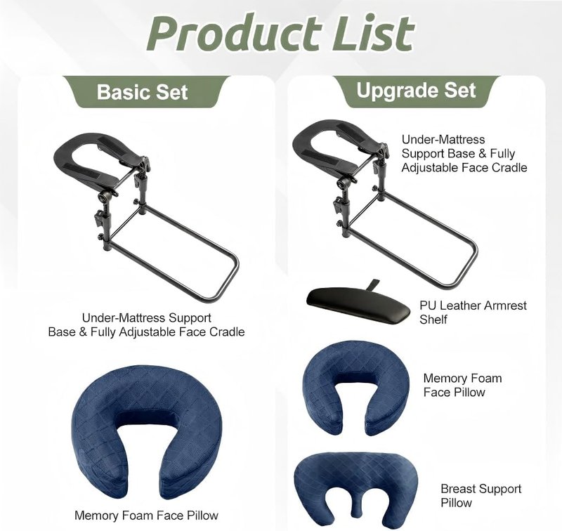 Skiennix Adjustable Massage Headrest - Portable Face Cradle for Home Use | Blue with Armrest & Breast Pillow