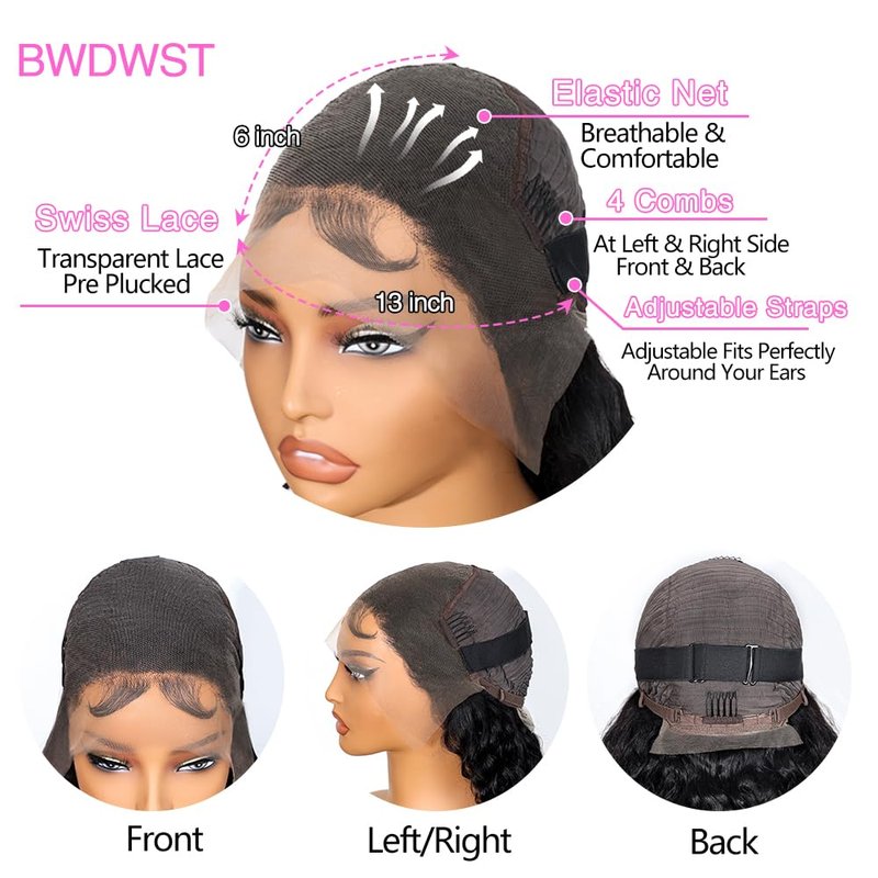 BWDWST 32 Inch Deep Wave Lace Front Wig Human Hair 13x6 HD Lace Frontal Wig 200% Density Pre Plucked Glueless Curly Wig with Baby Hair for Women