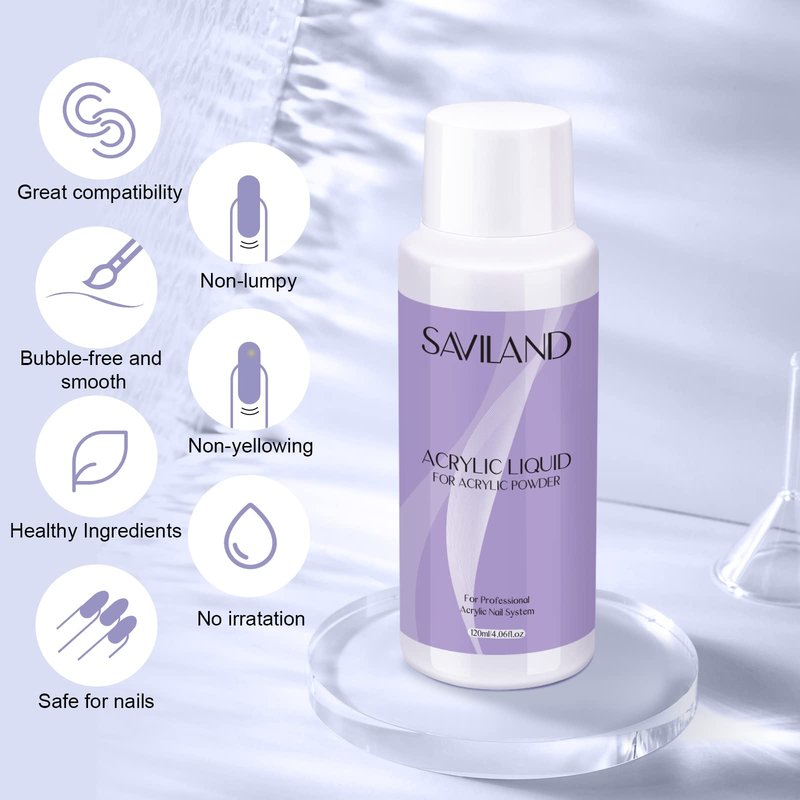 Saviland Monomer Acrylic Nail Liquid, 4 oz Acrylic Liquid for Acrylic Powder, Professional Non-Yellowing Acrylic Monomer for Nail Extension Salon Home DIY