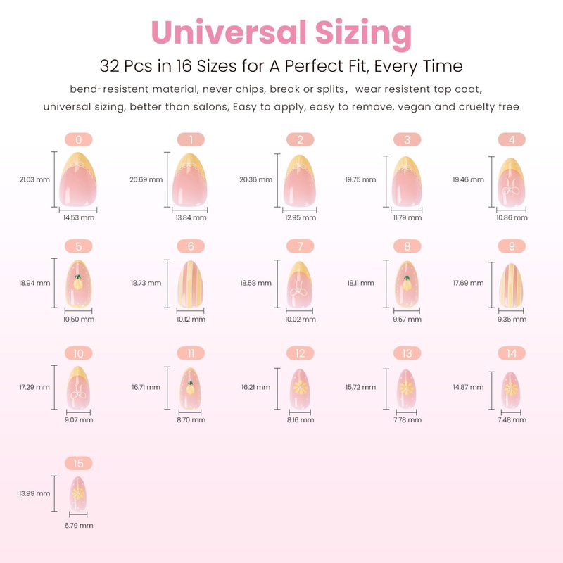 Nail Reformation Press On Nails, Lemon Tart | Soft Pink Short Almond Fake Nails with Wavy Yellow French Tips, White Bows & 3D Jewels, Reusable Stick On Nails Kit - 32 Pcs in 16 Sizes, Gifts for Women