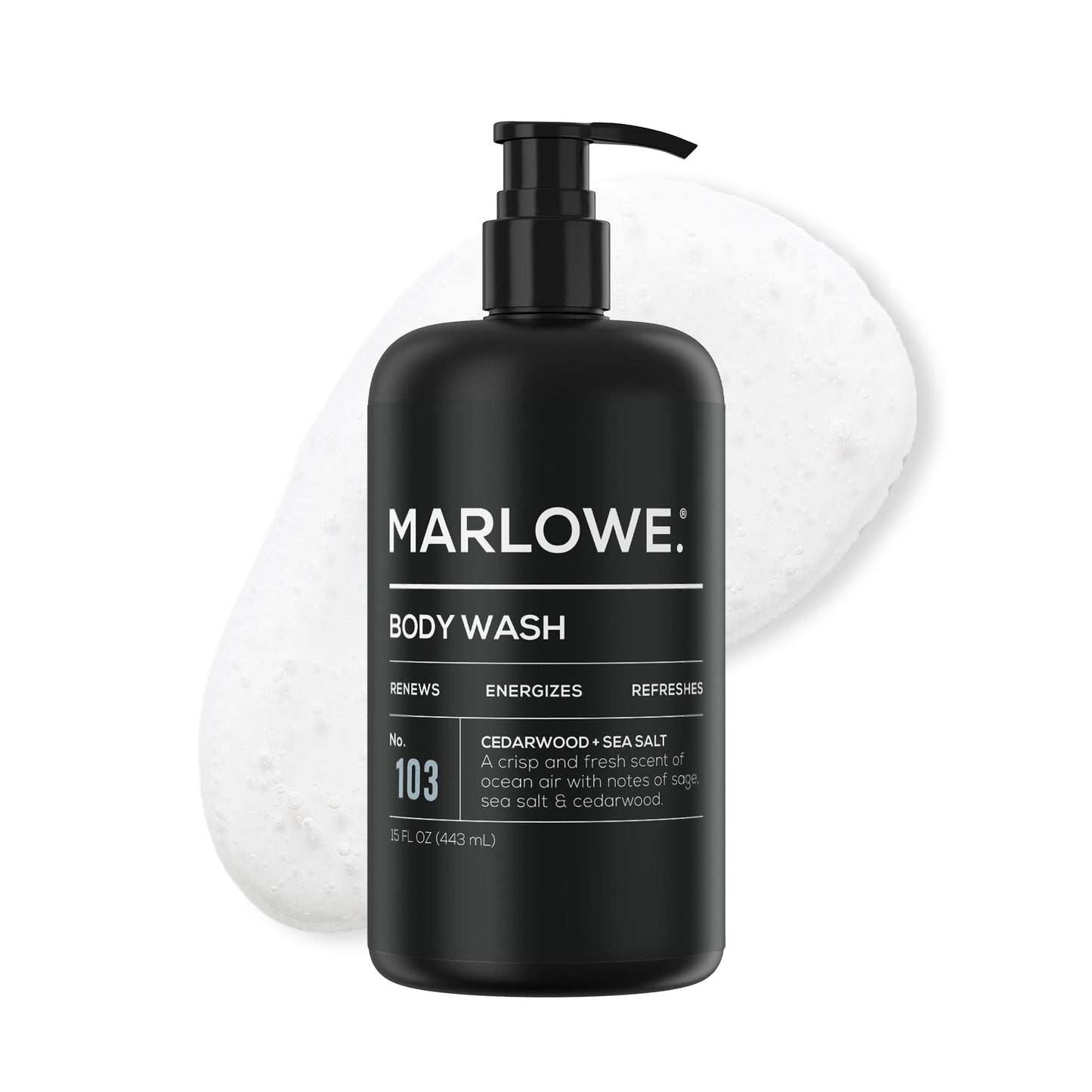 MARLOWE. Men's Body Wash, 15 oz Pump, Energizing & Refreshing Shower Gel, Moisturizes & Nourishes, Clean Vegan Formula with Willow Bark & Green Tea Extracts, Fresh & Zesty Cedarwood + Sea Salt Scent