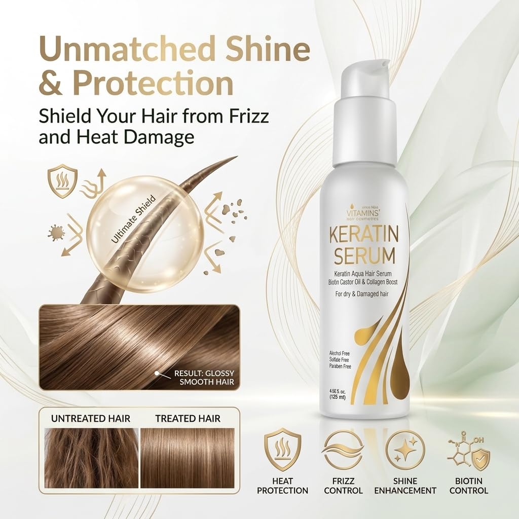 VITAMINS Keratin Hair Serum - Anti-Frizz Heat Protectant & Shine Treatment for Dry Hair | 4.25 fl oz (125mL)