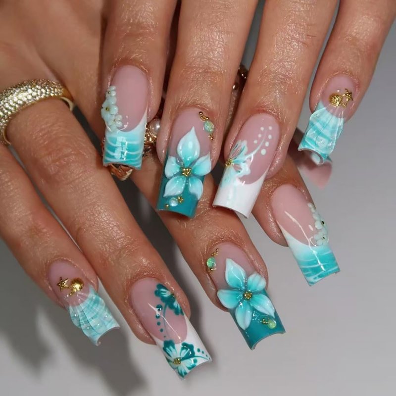 24Pcs Blue Flower Press on Nails Long Square Fake Nails 3D Floral Hibiscus with Gold Starfish Rhinestones Cute Design Spring Summer Glue on Nail French Tip False Nails Stick on Nail for Women Manicure