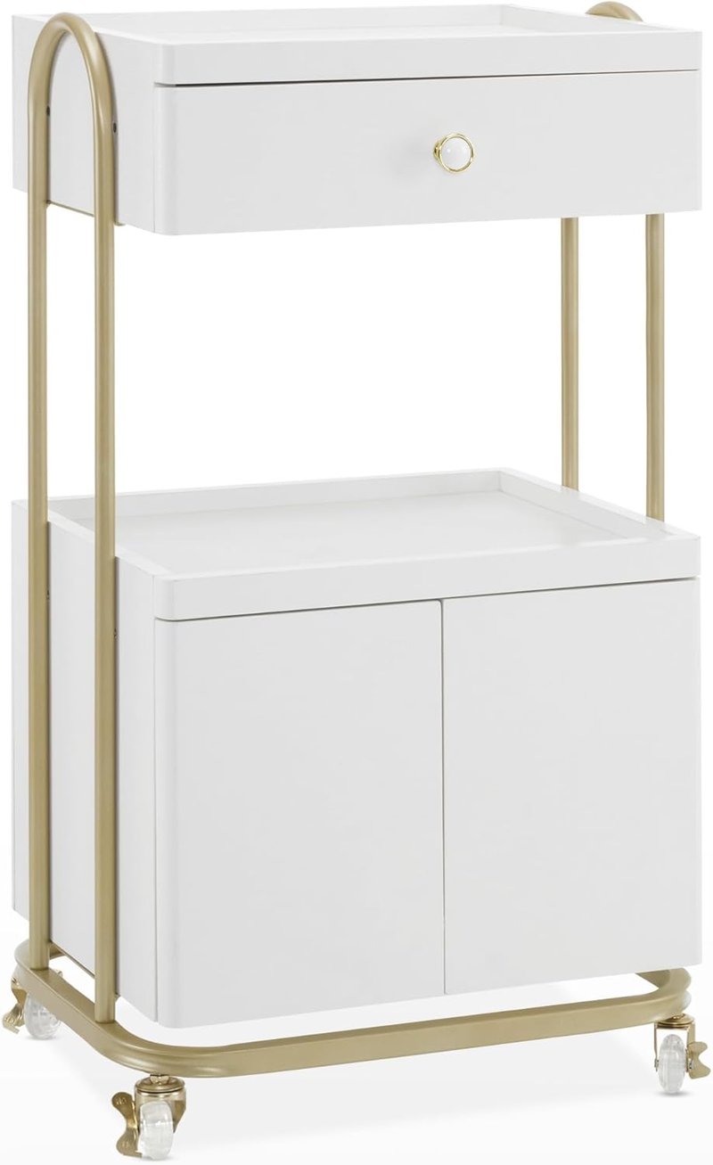 BarberPub Salon Trolley - Rolling Cart with Universal Wheels & Drawer | Metal Organizer for Hair Stylists & SPA (White)