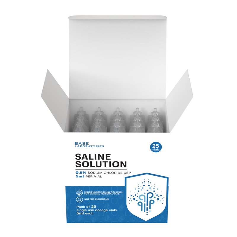 BASE LABORATORIES 0.9% Saline Solution Vials - Versatile 0.9% Sodium Chloride Saline Ampoules - Preservative Free Saline Solution Single use vials - USP Grade 25 Vials x 5ml Count