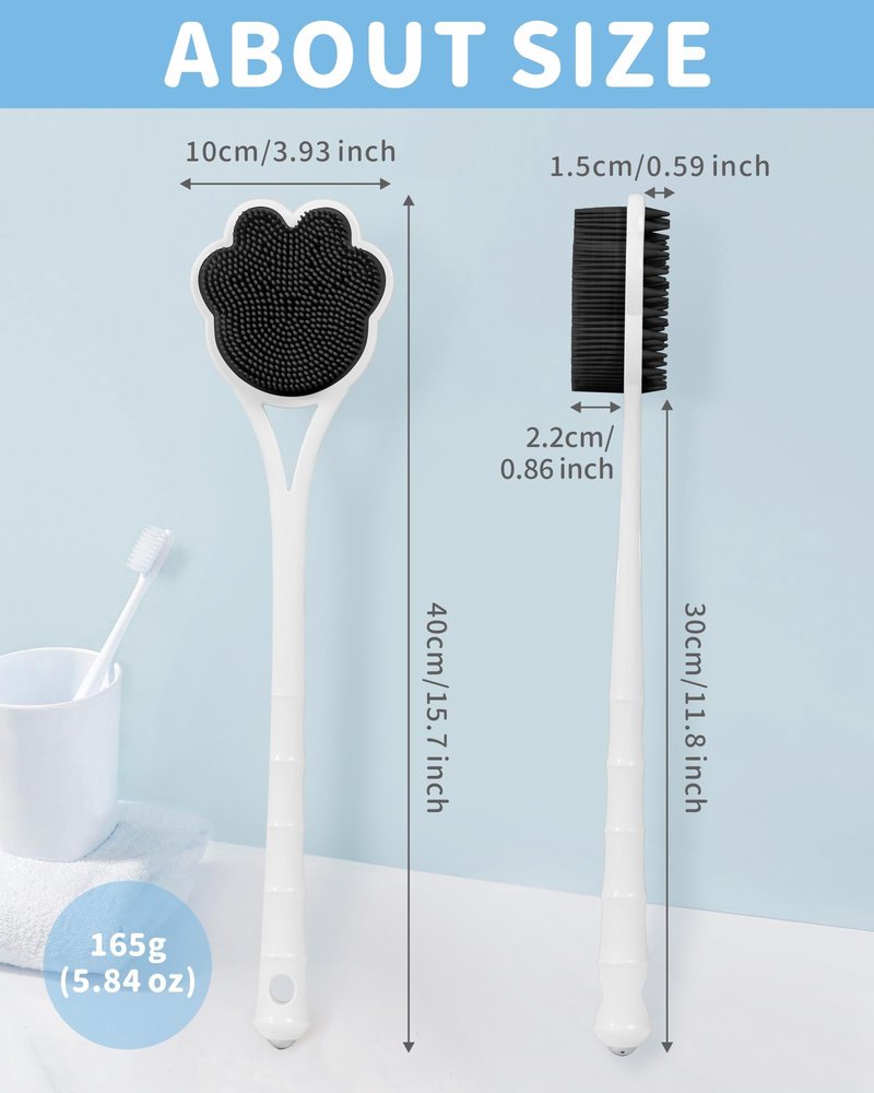 Manmihealth 15.7" Cute Silicone Body Scrubber & Soft Shower Brush Face Scrubber Set (3 PCS), Paw-Shaped Silicone Back Brush & Body Facial Scrubber with Super-Soft Bristles Combination(GraySet)