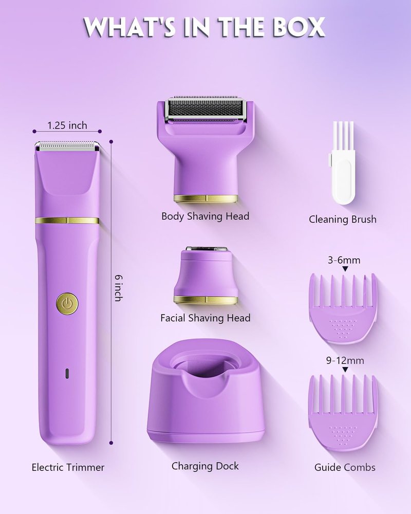 Bikini Trimmer for Women - Painless Electric Razors-Cordless Body Shaver for Trip,Replaceable Lady Facial Razor, IPX7 Waterproof&Easy Cleaning, Ceramic Blade, USB Charge Purple