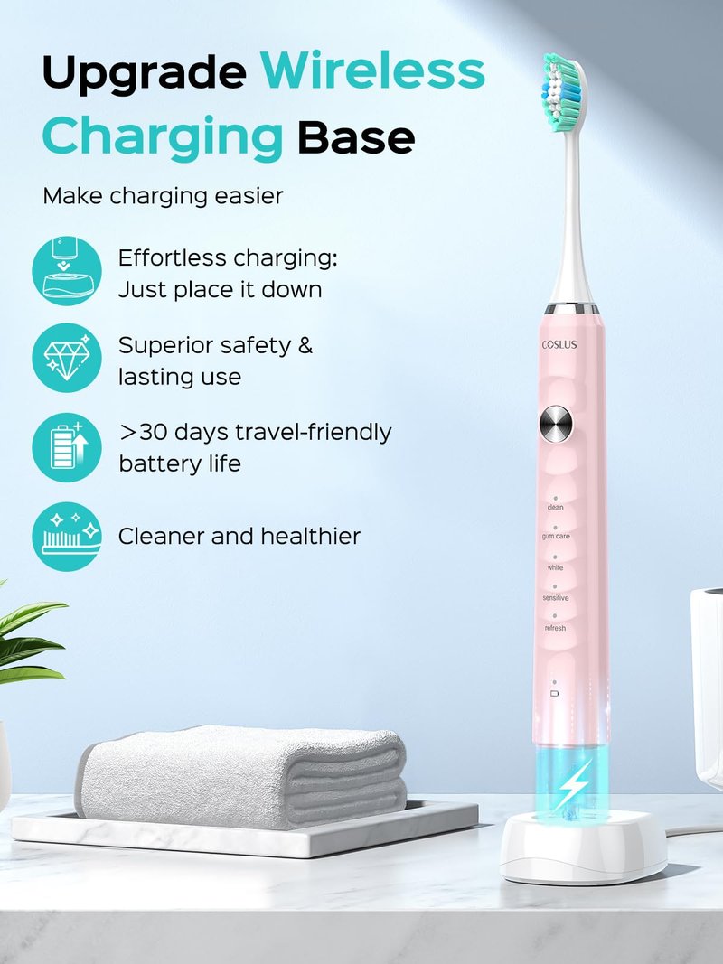 COSLUS Sonic Electric Toothbrush for Kids & Adults C40(DY-108Pro): 47000 VPM for Deep Cleaning with Travel Case - 5 Modes for Sensitive Teeth & Braces, Wireless Charging, 6 Brush Heads, Pink (1PC)