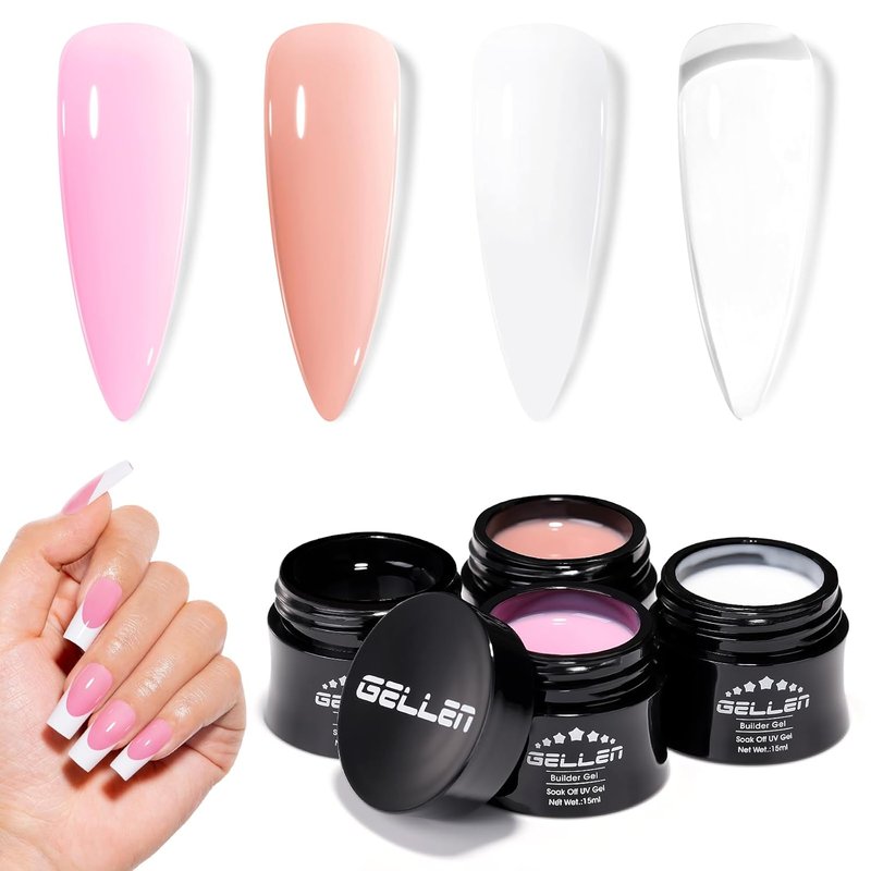 Builder Gel Set for Nails - 10 in 1 Hard Nail Extension Poly Gel | Soak Off UV Polish, 4 Colors: Clear, Milky White, Classic Pink, Nude