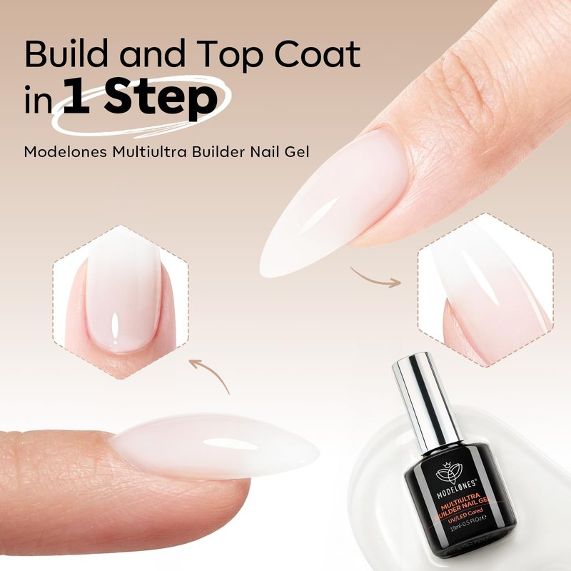 modelones Builder Nail Gel No-Wipe, 9-in-One Milky White Builder for Nails, C-Curve Sculpting, Glossy Jelly Finish, No Top Coat Needed LED Lamp Cured Color Rubber Base Gel Polish for Quick DIY Salon