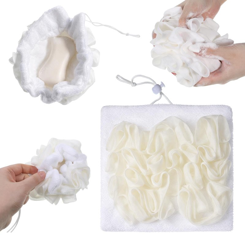 2 Pcs Bar Soap Loofah Pouch, 2 in 1 Exfoliating Washcloth with Soap Pocket for Cleansing and Smooth Skin, Reusable Shower Sponge, Body Scrubber Shower Bath Sponge Loofah, Beige