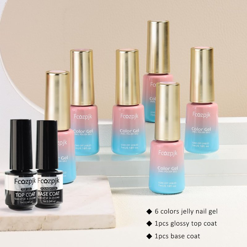 Fcozpjk Jelly Gel Nail Polish Set 6 Colors Translucent Nail Gel Kit with Top & Base Coat Neutral Pink Nude Brown Milky White Nail Gel Polish Soak Off UV Light Cure Crystal Gel Manicure Salon Supplies