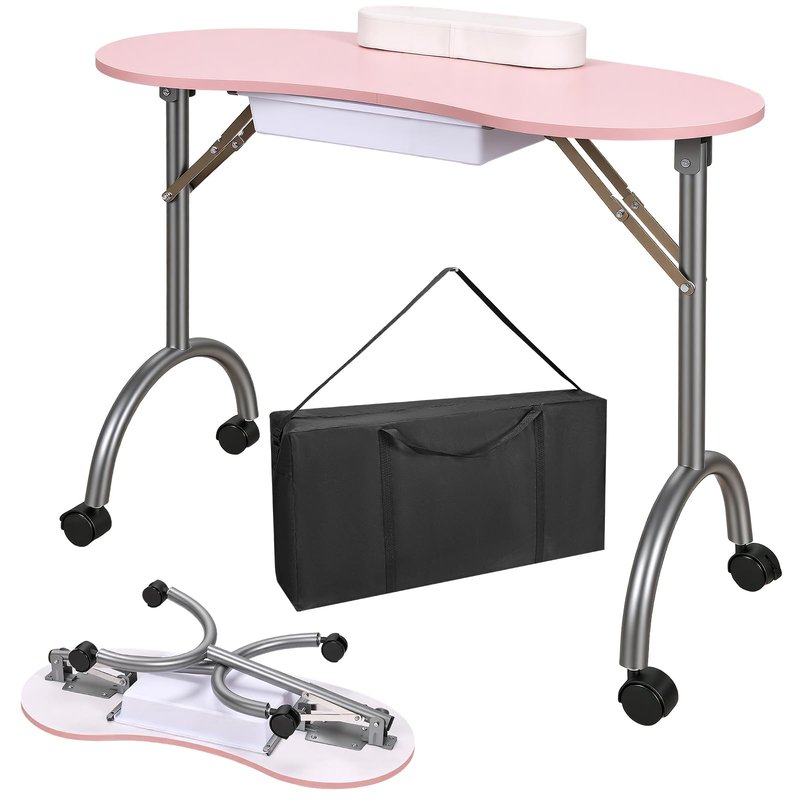 CHAOEEMY Portable Nail Desk,Foldable Manicure Table for Nail Tech,Rolling Nail Tech Desk with Drawer,Travel Bag,Pink