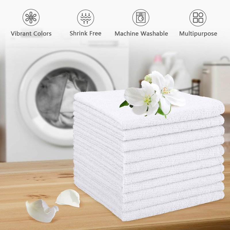 Orighty Washcloths Towels Set 10 Pack, Highly Absorbent and Soft Feel Microfiber Face Cloths, Multi-Purpose Wash Cloths & Hand Towels for Bathroom, Hotel, Spa, and Gym, 11.5x11.5 Inch, White