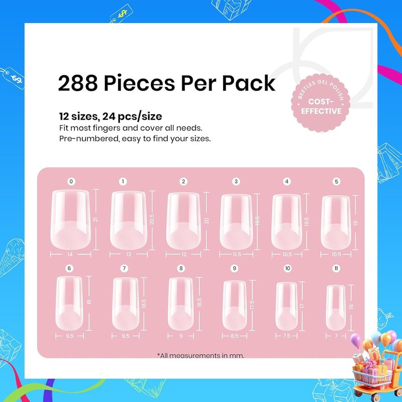 Beetles Gel Nail Tips - Pre-Etched Half Matte Square Short | 288 Pcs in 12 Sizes for Easy DIY Nail Extensions