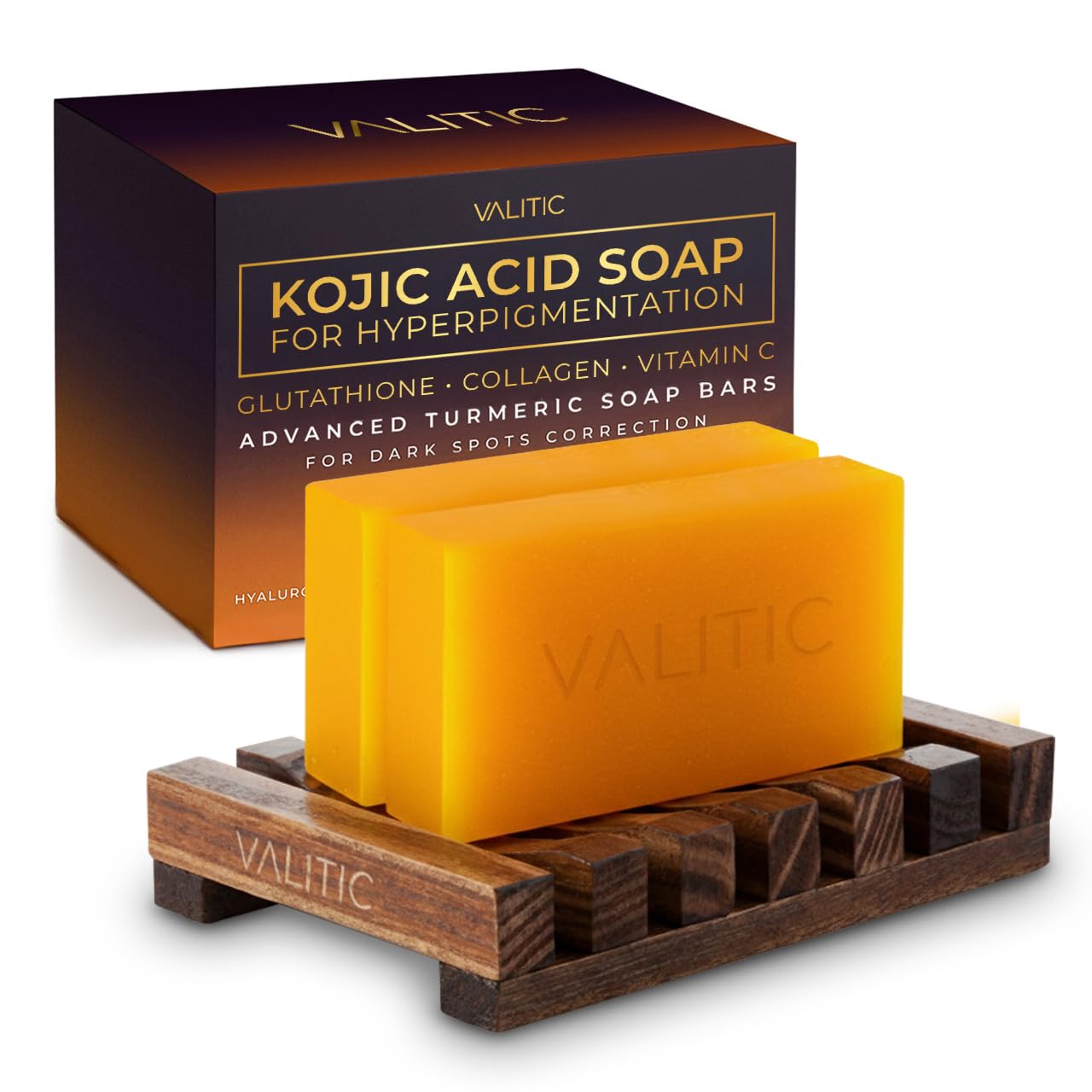 VALITIC Kojic Acid Soap for Hyperpigmentation - with Glutathione, Collagen & Vitamin C - Advanced Soap Bars with Turmeric - Original Japanese Complex for Dark Spot Correction - 2 Pack + Holder