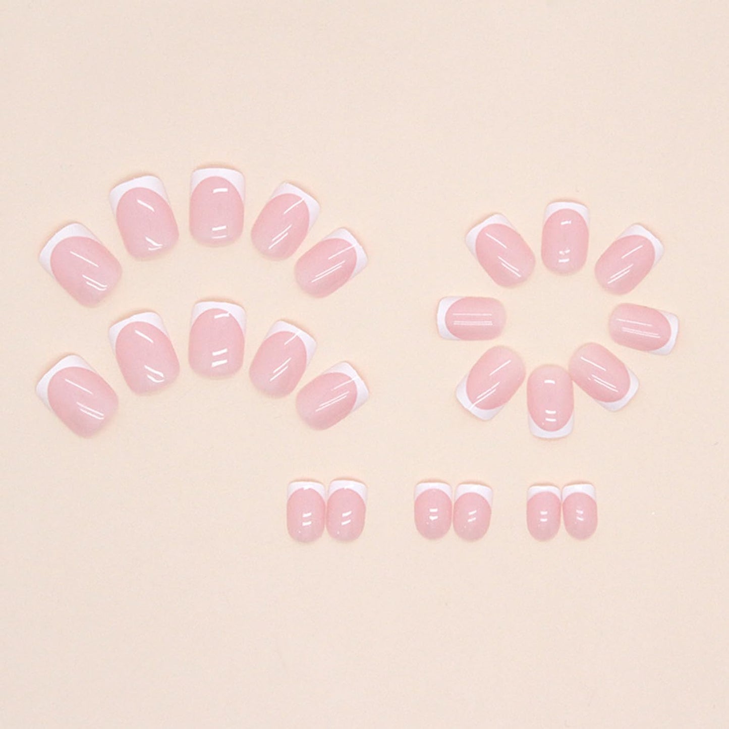Skiennix White French Tip Press-On Nails - Glossy Pink Short Square Reusable Full Cover | DIY Nail Art