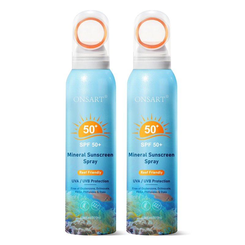 Reef Safe Mineral Sunscreen Spray SPF 50+ with Zinc Oxide, Broad Spectrum UVA/UVB Protection, Lightweight Non-Greasy, Travel Size Sunscreen for Face & Body, Water & Sweat Resistant, 6.76 oz(2 Pack)