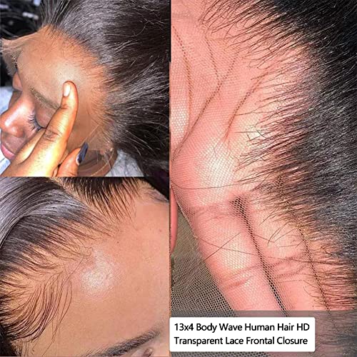 ALIANNA 13x4 Body Wave Human Hair HD Transparent Lace Frontal Closure, 10A Unprocessed Brazilian Virgin Hair, 16 Inch, Black
